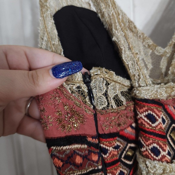 Free People Maxi Dress Blackened Crushed Gold Lace Embroidered Beaded RARE! - Picture 13 of 16